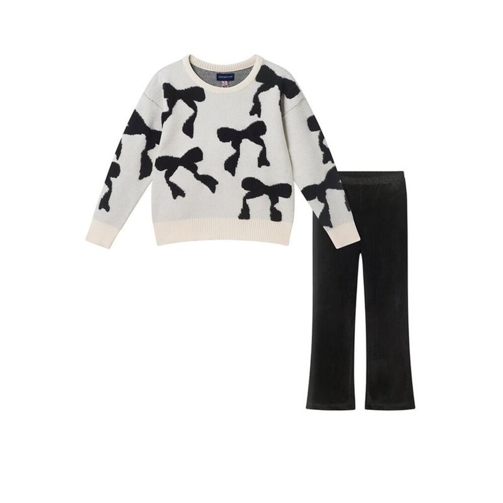 Andy & Evan Girls  Bow Sweater & Flare Legging Set, Beige